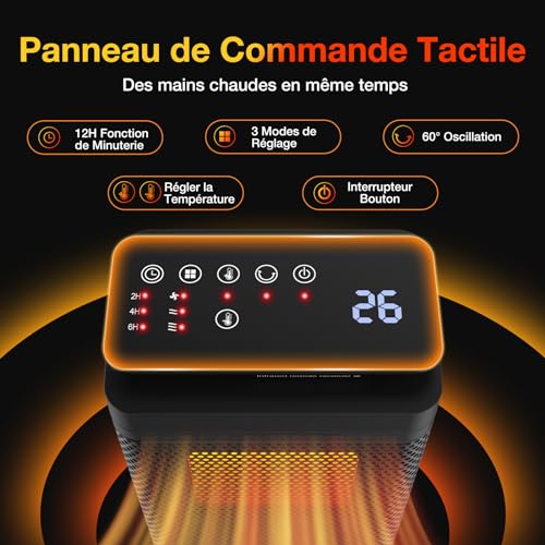 Chauffage d'Appoint-1500W Radiateur Electrique,PTC Chauffage Soufflant,3 Modes,Télécommande,60° Oscillation,24H Minuterie,Protection anti-Basculement/Surchauffe,pour Salon Chambre Salle Bain – Image 3