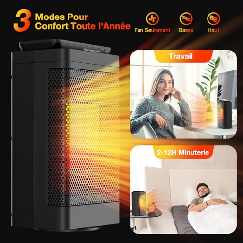 Chauffage d'Appoint-1500W Radiateur Electrique,PTC Chauffage Soufflant,3 Modes,Télécommande,60° Oscillation,24H Minuterie,Protection anti-Basculement/Surchauffe,pour Salon Chambre Salle Bain – Image 5