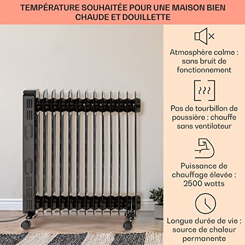 Klarstein Radiateur Electrique Mobile, Radiateur à Bain d'Huile pour la Maison à Faible Consommation d'Energie et Silencieux, 2.5kw, Chauffage Electrique avec Thermostat, Chauffage d'Appoint Portable – Image 3