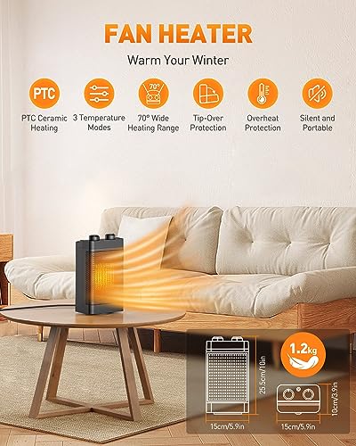 Radiateur Soufflant, Chauffage d'Appoint, 3 Modes, Chauffage Électrique en Céramique, Protection Contre la Surchauffe et l'Inclinaison, pour le Chauffage et les Cadeaux de Noël d'Hiver – Image 3