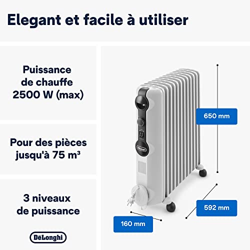 Radiateur à huile De'Longhi TRRS1225 Radia-S Series – Radiateur électrique à économie d'énergie avec 12 nervures pour pièces jusqu'à 75 m³, 3 niveaux de chaleur, thermostat de sécurité, fonction – Image 3
