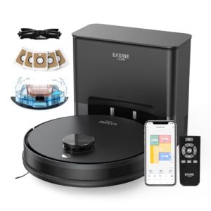 EASINE Robot Aspirateur avec Station Autovidange, Robot Laveur et Serpillière, Navigation Laser 5000Pa, 5 Sacs à Poussière, 180Mins, App/Voix/Télécommande pour Tapis/Poils d'animaux/sols durs, S20