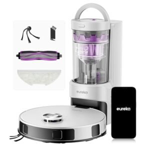 Eureka E20 Evo Plus Robot Aspirateur Laveur avec Station sans Sac Aspiration 10000 Pa Aspirateur Robot Autovidange, Anti Enchevêtrement pour Cheveux Poils d'animaux, Soulèvement de Serpillière 10mm