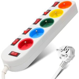 FISHTEC Multiprises Electriques 5 Prises Couleur - Bloc Multiprise Couleur - Interrupteur Général + pour Chaque Sortie + Stickers