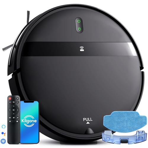 Kilgone Robot aspirateur et serpillère, aspirateur robot 2 en 1 avec aspiration sans nœuds, contrôle WiFi/Alexa/App, recharge automatique, design ultra fin et silencieux pour poils d'animaux, sols