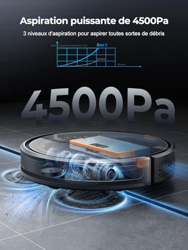 Laresar Clean Evol 3 Aspirateur Robot 4500Pa, Robot Aspirateur Laveur 3 en 1 Ultra Silencieux&Fin de 7,6cm, Alexa/WiFi/APP/Télécommande, Aspirateur Robot Laveur pour Tapis Sol Dur, Nettoyage Efficace – Image 3