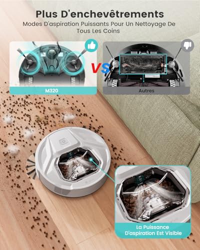 Lefant M320 Aspirateur Robot, 6000Pa d'Aspiration, Évitement Précis des Obstacles, Détection de Tapis, Zones Interdites, Idéal pour Les Poils d'animaux, Cheveux et Sols Durs Tapis, Contrôle App/Alexa – Image 4