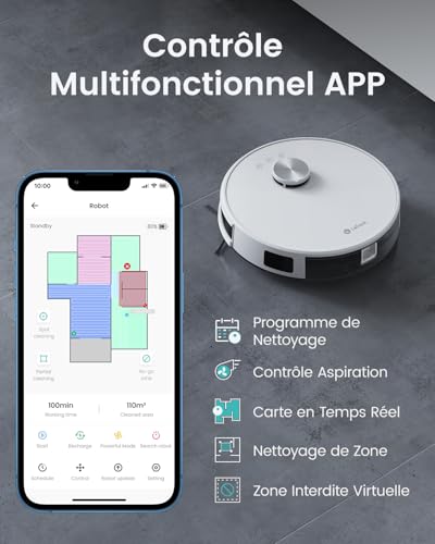Lefant Robot Aspirateur Laveur 2 en 1 5500Pa, Navigation LiDAR, Cartographie Multi-étage, Zones Virtuelles, Connecté par Alexa/APP/WiFi, Idéal pour Poils d'animaux Tapis Sols Durs, M1 Blanc – Image 5