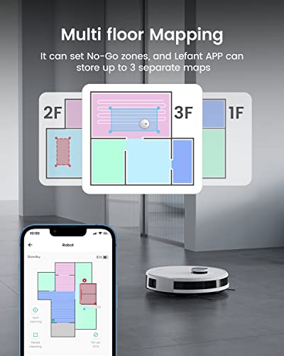 Lefant Robot Aspirateur Laveur 2 en 1 5500Pa, Navigation LiDAR, Cartographie Multi-étage, Zones Virtuelles, Connecté par Alexa/APP/WiFi, Idéal pour Poils d'animaux Tapis Sols Durs, M1 Blanc – Image 7
