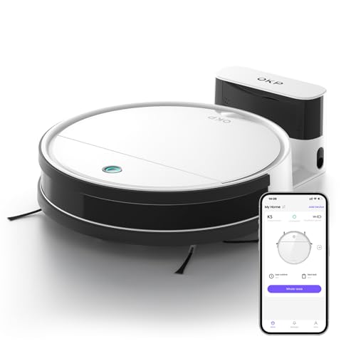 OKP Aspirateur Robot, Mini Automatique Silencieux Robot Aspirateur, Programmable 3 Modes d'aspirations Aspirateur pour Chien Tapis, Connecté avec WiFi/Alexa/App