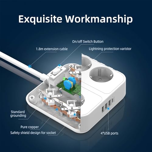 POWSAF Reglette de Prises Quadruple avec Quatre Ports de Charge USB, pour Montage en Pared, pour Maison et Bureau - Blanc – Image 5