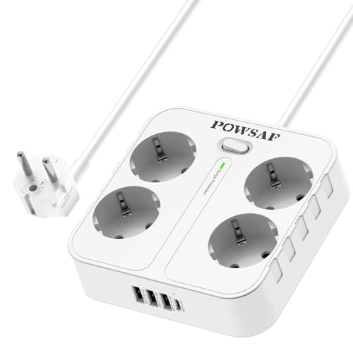 POWSAF Reglette de Prises Quadruple avec Quatre Ports de Charge USB, pour Montage en Pared, pour Maison et Bureau - Blanc