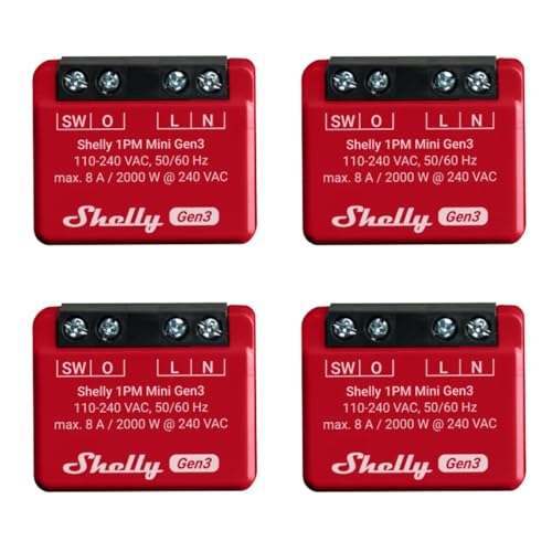 Shelly 1PM Mini Gen3 Lot de 4 relais de commutateur intelligent Wi-Fi et Bluetooth, 1 canal 8 A avec mesure de puissance, domotique, compatible avec Alexa et Google Home, application iOS Android