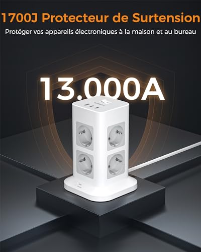 TESSAN Multiprise Tour, Parafoudre Parasurtenseur avec 8 Prises et 3 Ports USB, Prise Multiple avec Interrupteur, Bloc Electrique pour Bureau et Maison – Image 5