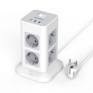 TESSAN Multiprise Tour, Parafoudre Parasurtenseur avec 8 Prises et 3 Ports USB, Prise Multiple avec Interrupteur, Bloc Electrique pour Bureau et Maison